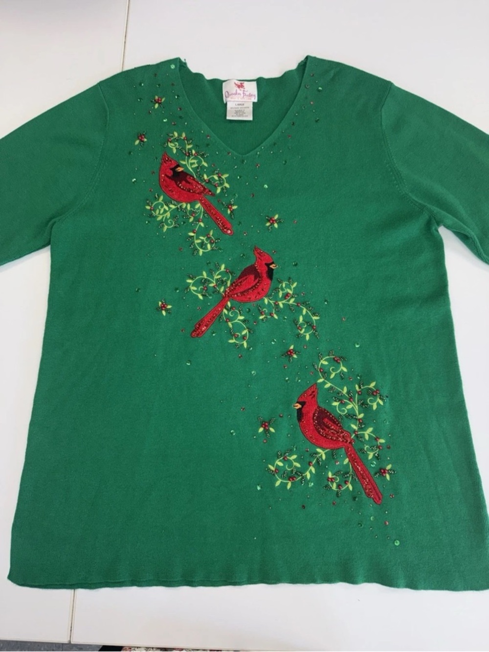 Quacker Factory Holiday Sweater Cardinals Holly Embroidered Sequined Green Ramie